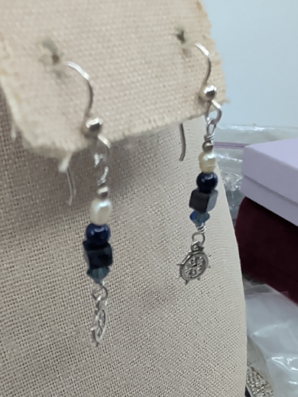 Sterling Silver Nautical Wheel Dangle Earrings with Navy and Pearl Beads - Picture 16 of 17